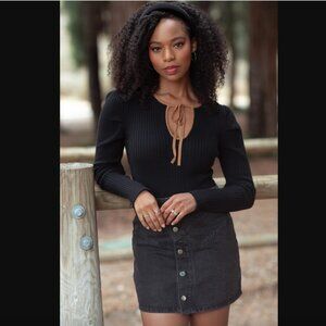 Pinkblush Bibi Black Ribbed Knit Cutout Tie Front Top S